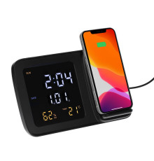 Станция беспроводной зарядки с часами и календарем и подсветкой логотипа Novem, черная